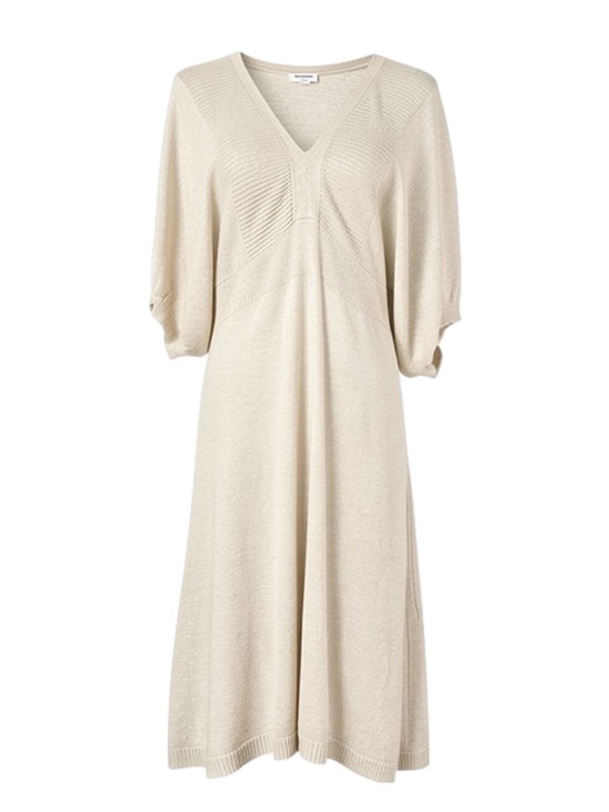 Express Dresses & Skirts - EXPRESS, Knit Oatmeal Beige Dress w/Gold Metallic Threads, Balloon Sleeves, Sz L